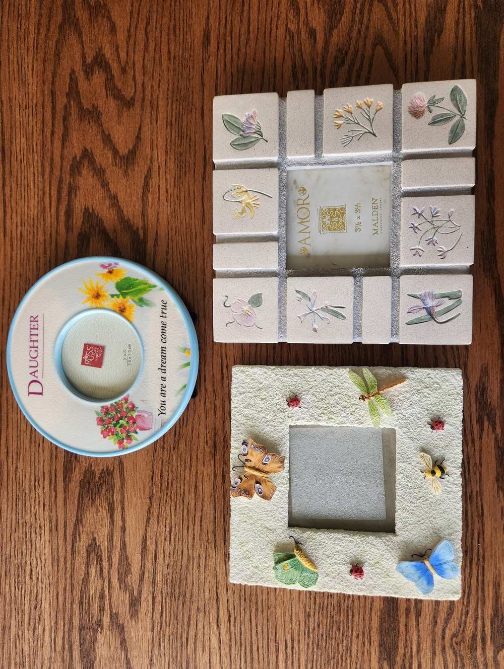 3 Picture Frames. Daughter Round, Square Flowers & Square Bugs.